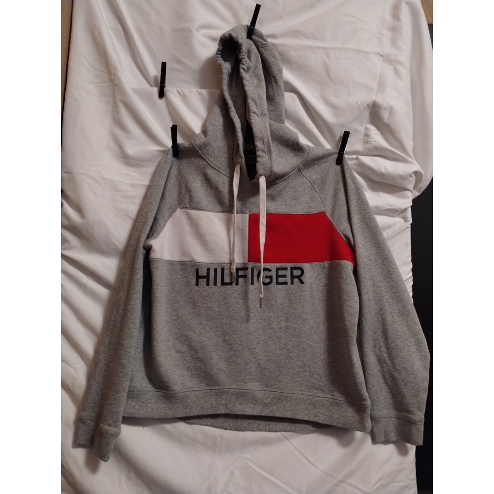 Tommy Hilfiger Sport Colorblock Pullover Hoodie Fleece Logo Gray Red Sz L